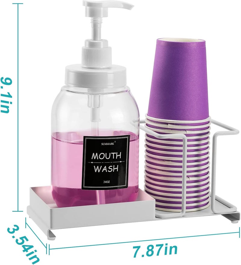 Summark Mouthwash Dispenser for Bathroom,Mouth Wash Pump Bottle with Stainless Steel Cup Holder,24 OZ Refillable Clear Mouthwash Container,BPA Free,White - Image 5